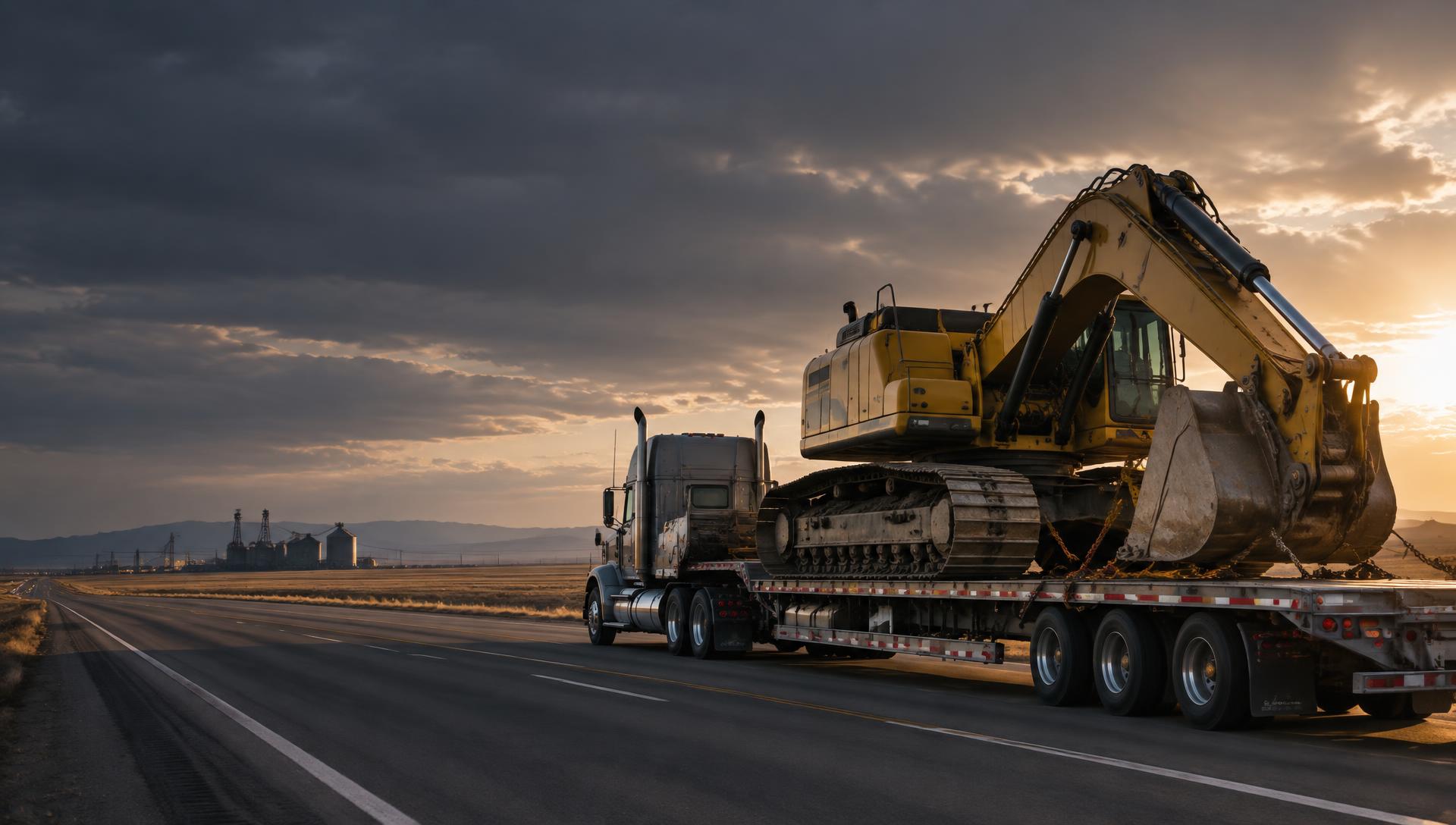 Excavator secured on an open-deck trailer traveling through the American plains